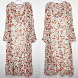 Natural Life Womens Floral V-Neck Tiered Maxi Dress Bell Sleeve Red Orange M
